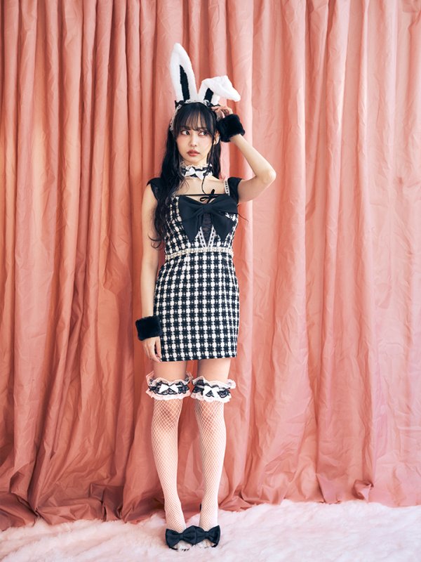 画像2: 【SALE!!】【即日発送】【ハロウィン】【LARME/ラルム掲載】 ツイードバニーミニワンピ 【コスプレ6点セット】【S-Lサイズ/2カラー】[OF04] (2)