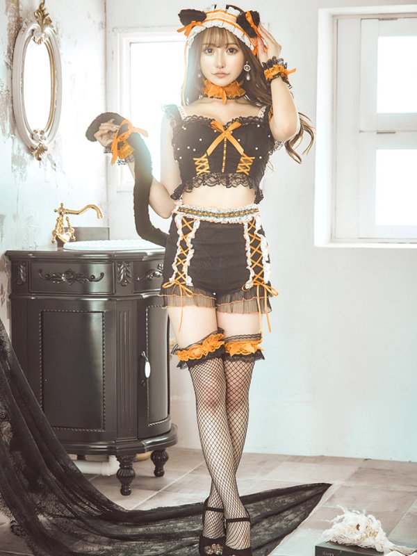 画像5: 【SALE!!】【即日発送】【ハロウィン】パールレースキャットセットアップ【コスプレ6点セット】【S-Mサイズ/2カラー】[OF01] (5)