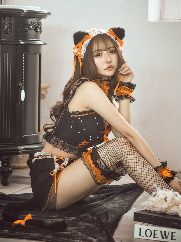 画像6: 【SALE!!】【即日発送】【ハロウィン】パールレースキャットセットアップ【コスプレ6点セット】【S-Mサイズ/2カラー】[OF01] (6)