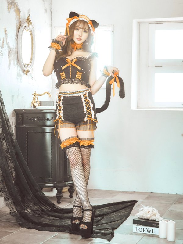 画像14: 【SALE!!】【即日発送】【ハロウィン】パールレースキャットセットアップ【コスプレ6点セット】【S-Mサイズ/2カラー】[OF01] (14)