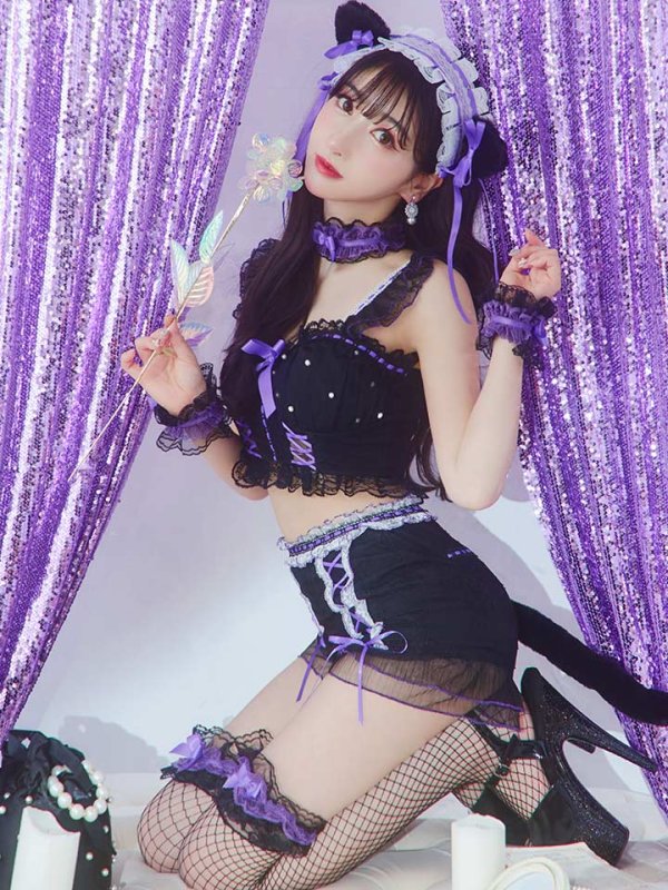 画像16: 【SALE!!】【即日発送】【ハロウィン】パールレースキャットセットアップ【コスプレ6点セット】【S-Mサイズ/2カラー】[OF01] (16)