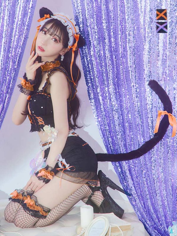 画像1: 【即日発送】【ハロウィン】パールレースキャットセットアップ【コスプレ6点セット】【S-Mサイズ/2カラー】[YMT] (1)
