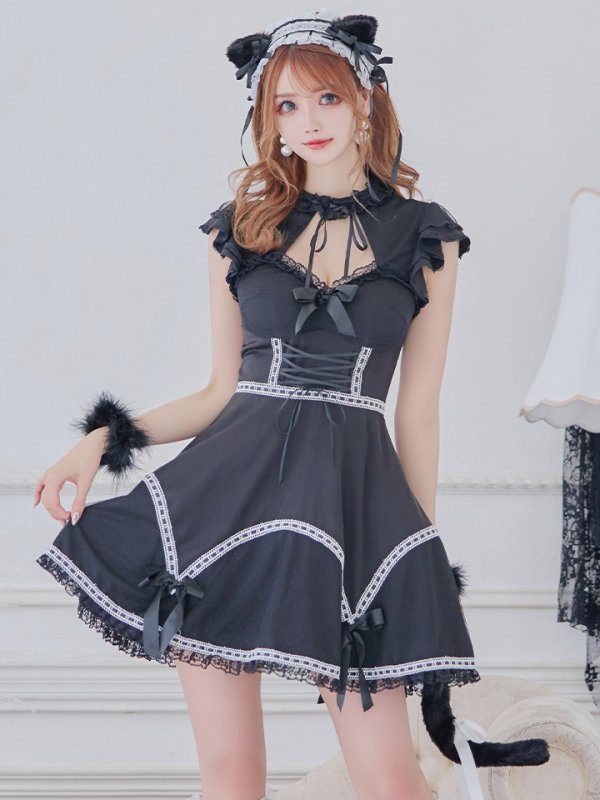 画像3: 【SALE!!】【即日発送】【ハロウィン】 レースアップブラックキャット 【コスプレ4点セット】【S-Lサイズ/1カラー】[OF04] (3)