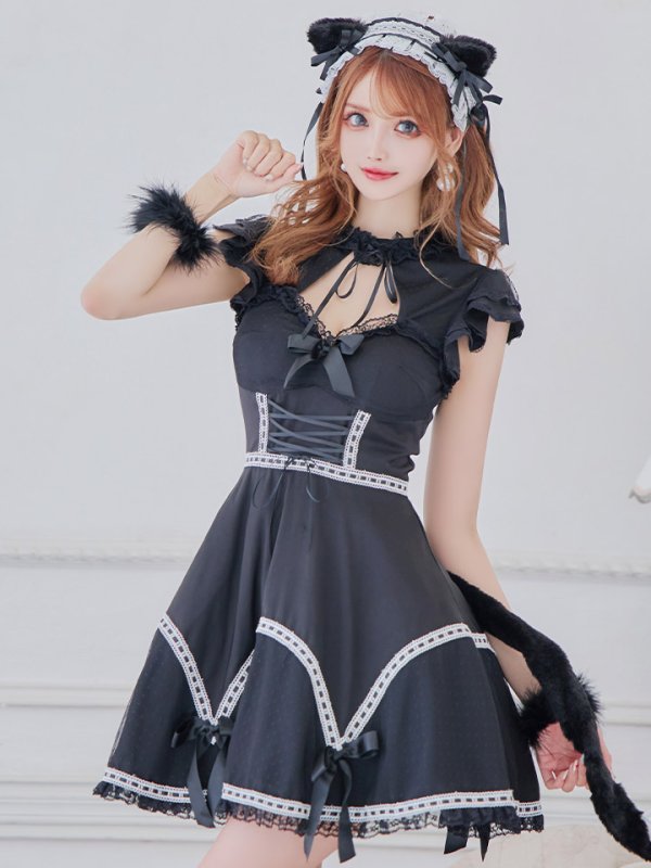 画像4: 【SALE!!】【即日発送】【ハロウィン】 レースアップブラックキャット 【コスプレ4点セット】【S-Lサイズ/1カラー】[OF04] (4)