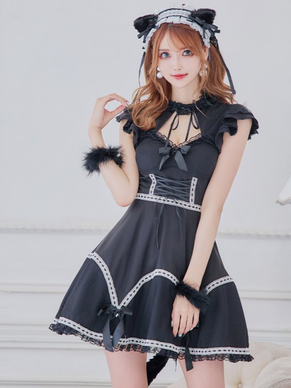 画像8: 【SALE!!】【即日発送】【ハロウィン】 レースアップブラックキャット 【コスプレ4点セット】【S-Lサイズ/1カラー】[OF04] (8)