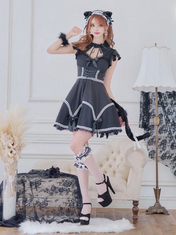 画像11: 【SALE!!】【即日発送】【ハロウィン】 レースアップブラックキャット 【コスプレ4点セット】【S-Lサイズ/1カラー】[OF04] (11)