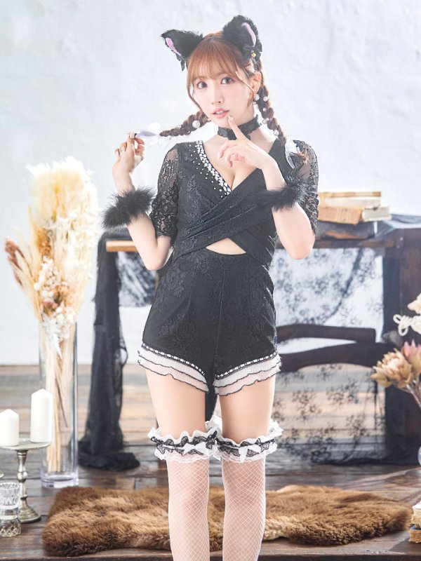 画像3: 【SALE!!】【即日発送】【ハロウィン】 ブラックレースキャット/オールインワン/黒猫 【コスプレ5点セット】【S-Lサイズ】[OF01] (3)