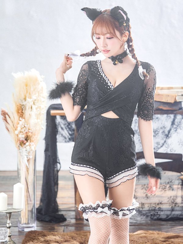 画像4: 【SALE!!】【即日発送】【ハロウィン】 ブラックレースキャット/オールインワン/黒猫 【コスプレ5点セット】【S-Lサイズ】[OF01] (4)