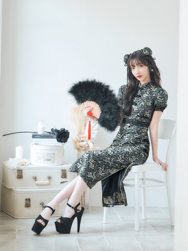 画像2: 【即日発送】【ハロウィン】 パフスリーブチャイナドレス【コスプレ2点セット】【S-XLサイズ/3カラー】(SE01YN)[HC03] (2)