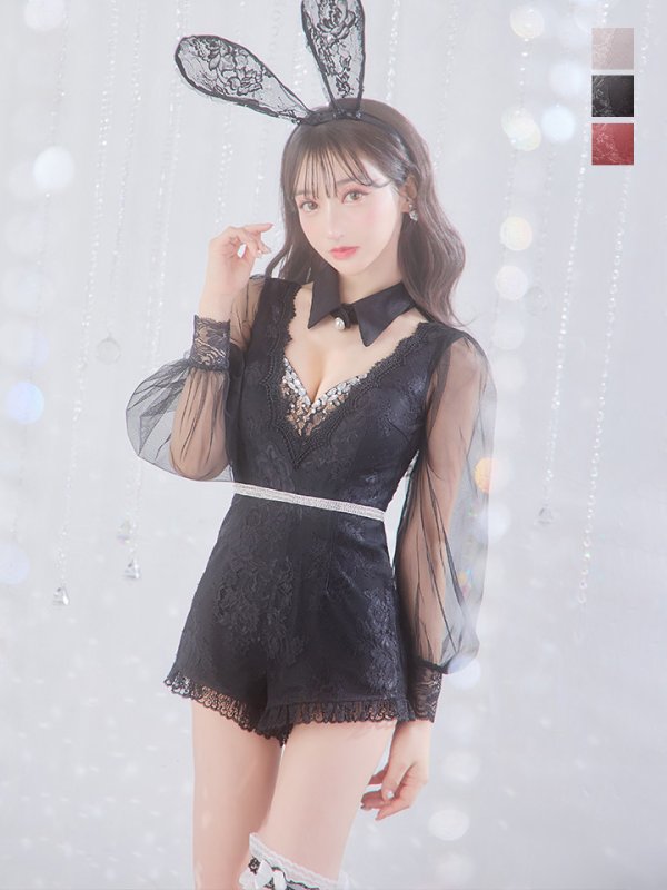 画像2: 【ハロウィン】 レースバニーオールインワン 【コスプレ5点セット】【S-Lサイズ/3カラー】[OF01] (2)