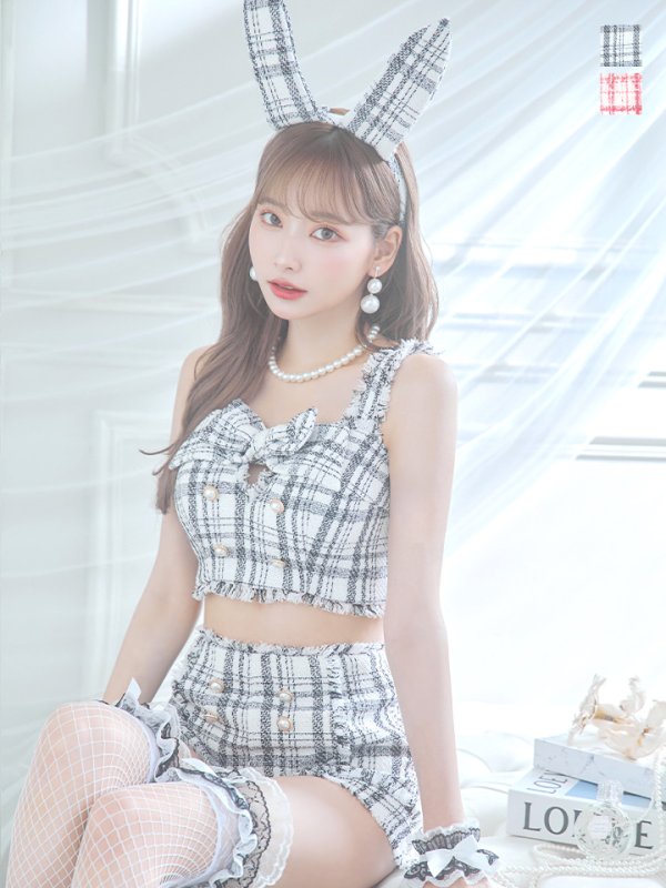 画像2: 【SALE!!】【即日発送】【ハロウィン】ツイードバニーリボンセットアップ（パンツ）【コスプレ6点セット】 【XS-Mサイズ/2カラー】[OF04] (2)