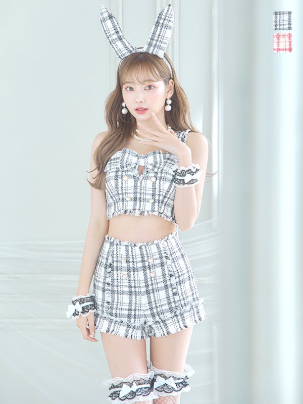 画像3: 【SALE!!】【即日発送】【ハロウィン】ツイードバニーリボンセットアップ（パンツ）【コスプレ6点セット】 【XS-Mサイズ/2カラー】[OF04] (3)