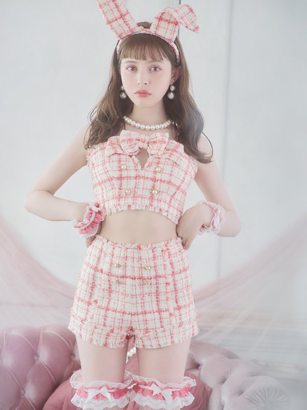 画像19: 【SALE!!】【即日発送】【ハロウィン】ツイードバニーリボンセットアップ（パンツ）【コスプレ6点セット】 【XS-Mサイズ/2カラー】[OF04] (19)