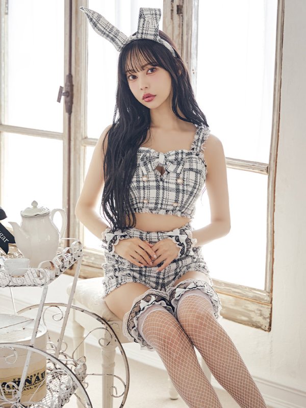 画像2: 【SALE!!】【即日発送】【ハロウィン】ツイードバニーリボンセットアップ（パンツ）【コスプレ6点セット】 【XS-Mサイズ/2カラー】[HC03] (2)