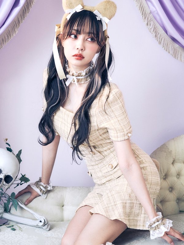 画像5: 【SALE!!】【即日発送】【ハロウィン】【LARME/ラルム掲載】ツイードくまセットアップ/ベア 【コスプレ6点セット】 【XS-Mサイズ/1カラー】[OF04] (5)