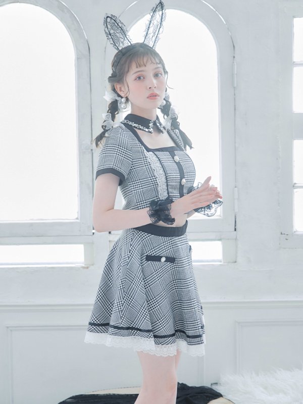 画像2: 【SALE!!】【即日発送】【ハロウィン】グレンチェックセットアップバニー 【コスプレ6点セット】【XS-Mサイズ/1カラー】[HC03] (2)