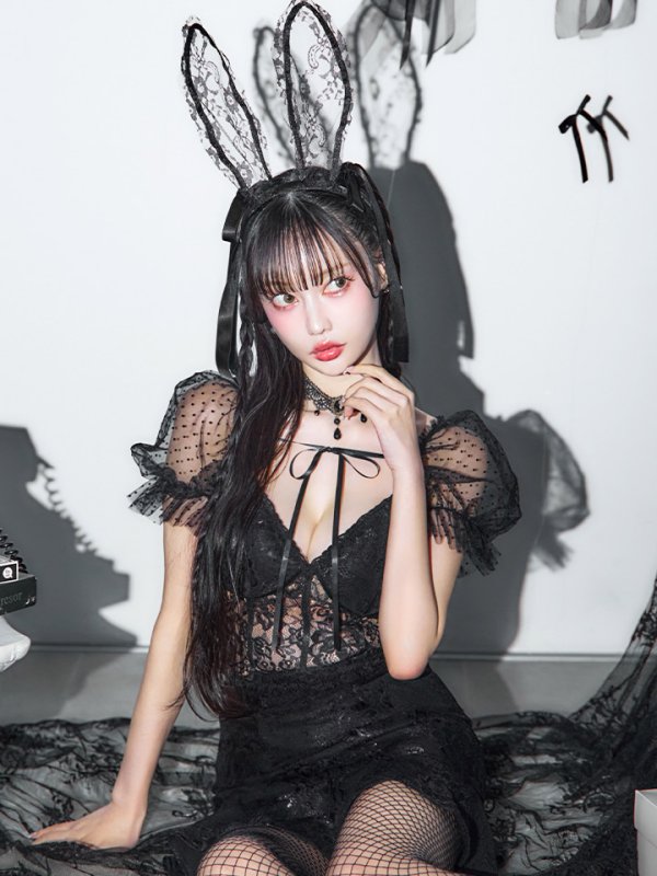 画像13: 【即日発送！】【ハロウィン】セクシーレースバニー半袖セットアップ 【コスプレ7点セット】[OF04] (13)