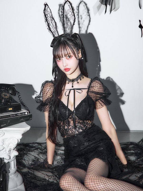 画像1: 【即日発送！】【ハロウィン】セクシーレースバニー半袖セットアップ 【コスプレ7点セット】[YMT] (1)