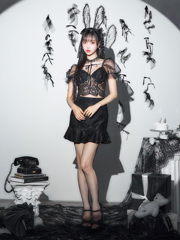 画像4: 【即日発送！】【ハロウィン】セクシーレースバニー半袖セットアップ 【コスプレ7点セット】[OF04] (4)