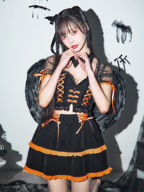 画像1: 【即日発送】【ハロウィン】レースアップデビルスカートセットアップ 【コスプレ6点セット】[YMT-H] (1)