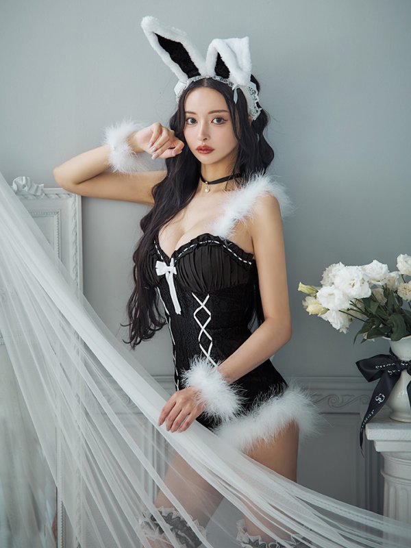 画像2: 【ハロウィン】 ファーキャミレースバニーガール 【コスプレ6点セット】 【XS-Mサイズ/2カラー】[OF04] (2)