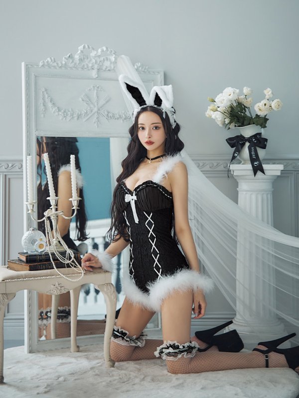 画像5: 【ハロウィン】 ファーキャミレースバニーガール 【コスプレ6点セット】 【XS-Mサイズ/2カラー】[OF04] (5)