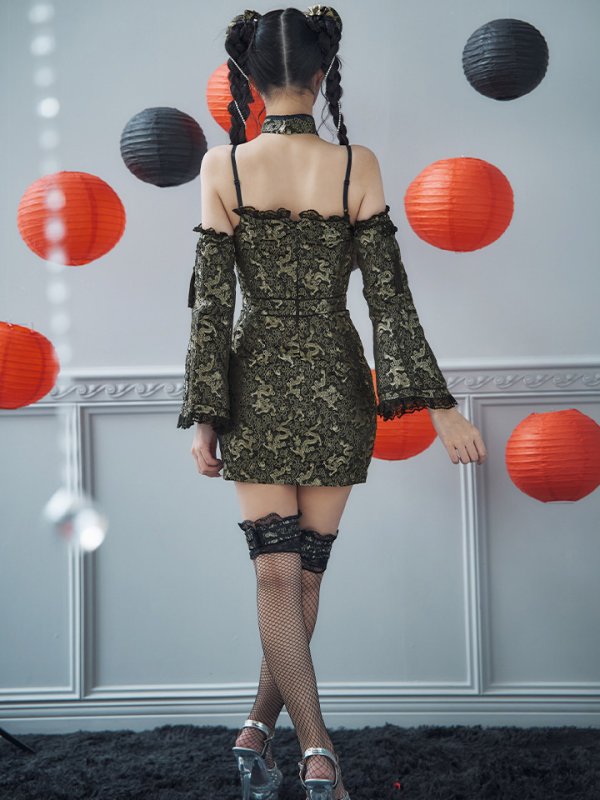 画像28: 【ハロウィン】 オフショルチャイナワンピース 【コスプレ6点セット】 【XS-Lサイズ/3カラー】(SE01YN)[OF04] (28)