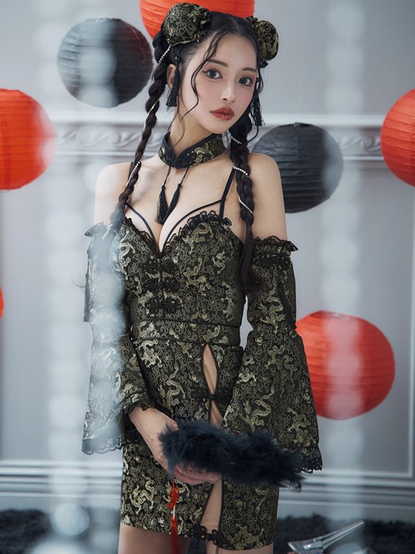 画像25: 【即日発送！】【ハロウィン】ベルスリーブチャイナセットアップ 【コスプレ5点セット】【XS-Mサイズ/1カラー】オフショルチャイナワンピース 【コスプレ6点セット】 【XS-Lサイズ/3カラー】(SE01YN)[OF04] (25)