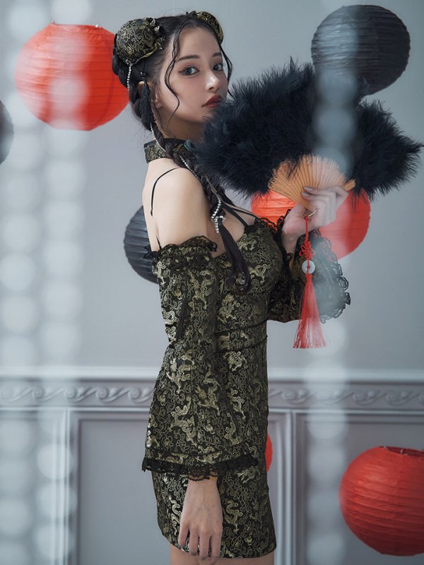 画像30: 【即日発送！】【ハロウィン】ベルスリーブチャイナセットアップ 【コスプレ5点セット】【XS-Mサイズ/1カラー】オフショルチャイナワンピース 【コスプレ6点セット】 【XS-Lサイズ/3カラー】(SE01YN)[OF04] (30)