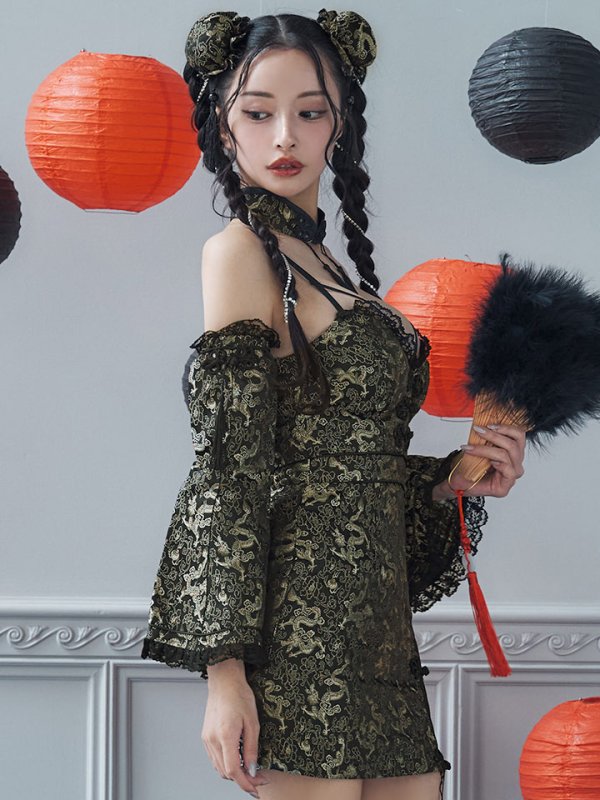 画像18: 【ハロウィン】 オフショルチャイナワンピース 【コスプレ6点セット】 【XS-Lサイズ/3カラー】(SE01YN)[OF04] (18)