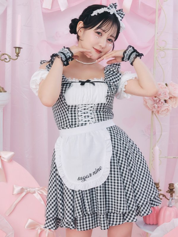 画像4: 【SALE!!】【即日発送！】【ハロウィン】ギンガムチェックメイドワンピース 【コスプレ5点セット】[OF04] (4)