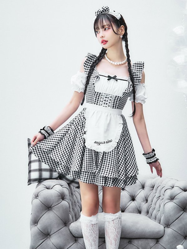 画像22: 【SALE!!】【即日発送！】【ハロウィン】ギンガムチェックメイドワンピース 【コスプレ5点セット】[OF04] (22)