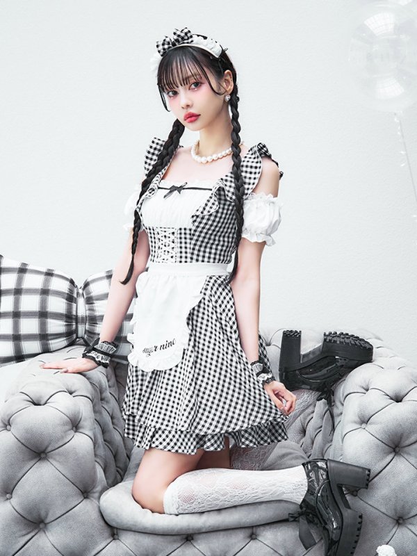 画像23: 【SALE!!】【即日発送！】【ハロウィン】ギンガムチェックメイドワンピース 【コスプレ5点セット】[OF04] (23)