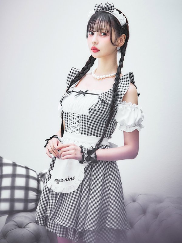 画像14: 【SALE!!】【即日発送！】【ハロウィン】ギンガムチェックメイドワンピース 【コスプレ5点セット】[OF04] (14)