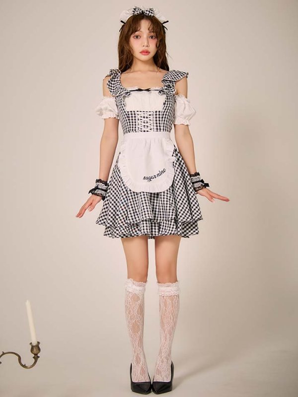画像4: 【SALE!!】【即日発送！】【ハロウィン】ギンガムチェックメイドワンピース 【コスプレ5点セット】[HC03] (4)