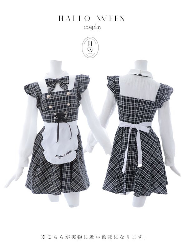 画像34: 【SALE!!】【即日発送！】【ハロウィン】ブラックチェックメイドワンピース 【コスプレ5点セット】[OF04] (34)