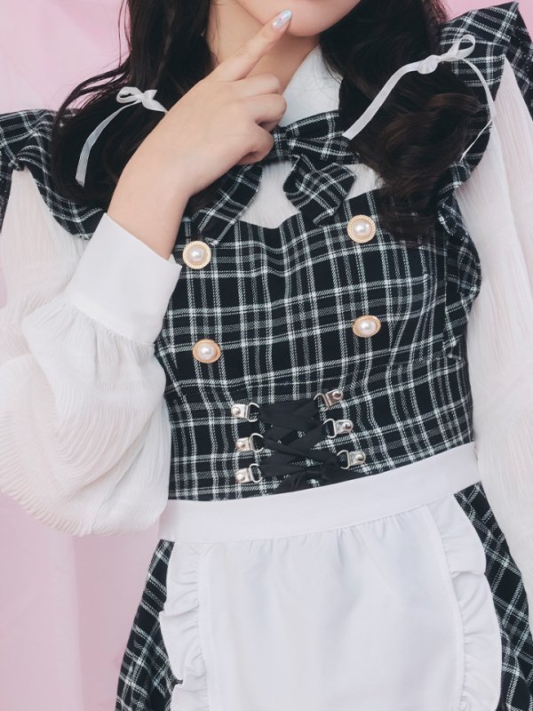 画像11: 【SALE!!】【即日発送！】【ハロウィン】ブラックチェックメイドワンピース 【コスプレ5点セット】[OF04] (11)