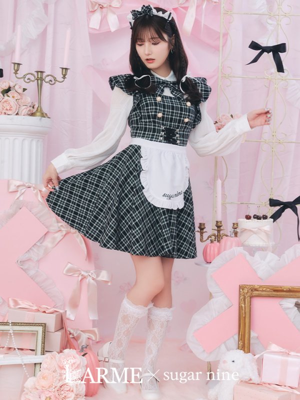 画像2: 【SALE!!】【即日発送！】【ハロウィン】ブラックチェックメイドワンピース 【コスプレ5点セット】[OF04] (2)