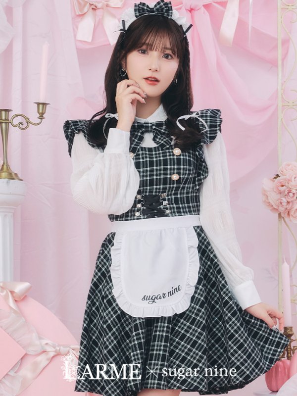 画像3: 【SALE!!】【即日発送！】【ハロウィン】ブラックチェックメイドワンピース 【コスプレ5点セット】[OF04] (3)