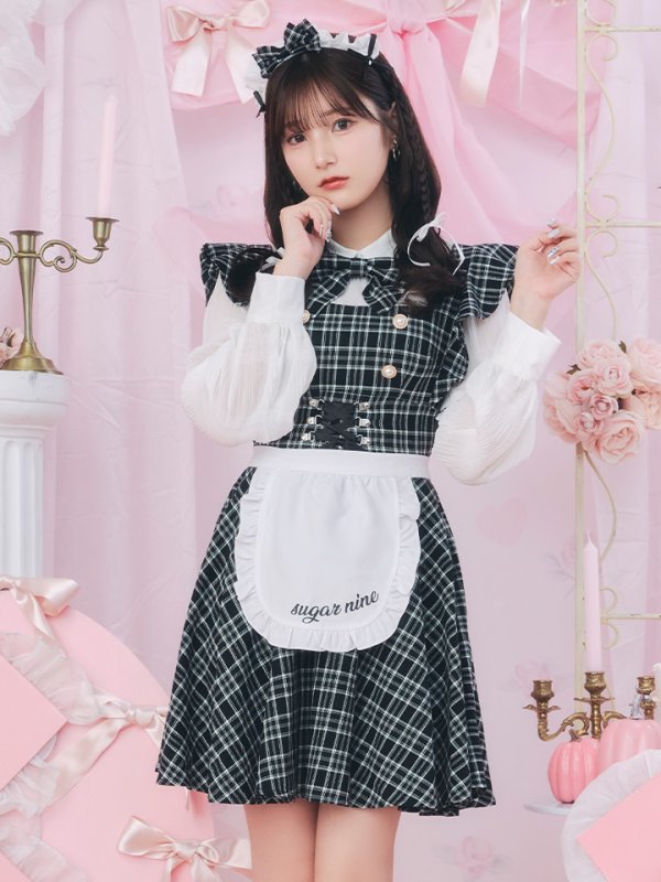 画像4: 【SALE!!】【即日発送！】【ハロウィン】ブラックチェックメイドワンピース 【コスプレ5点セット】[OF04] (4)