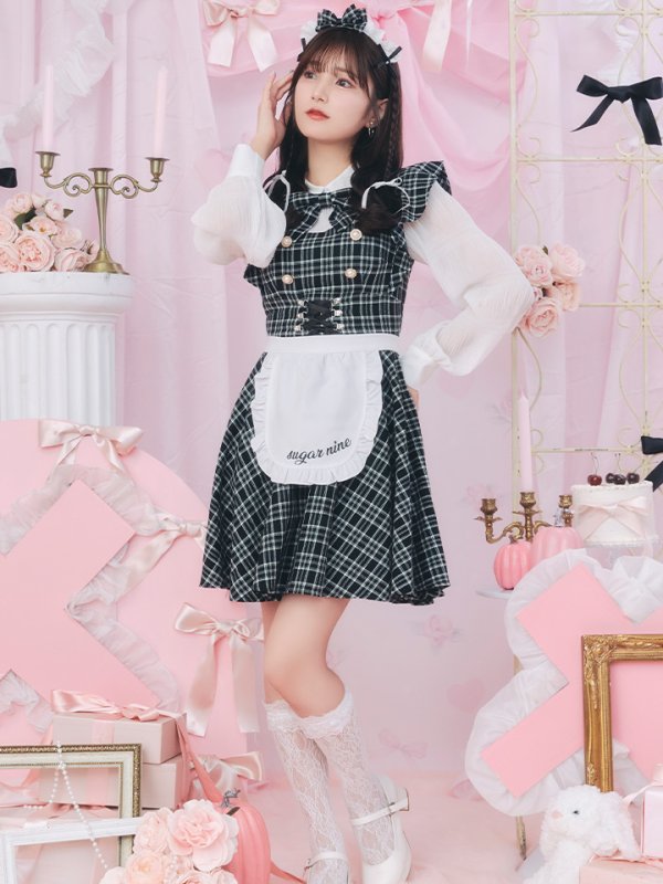 画像5: 【SALE!!】【即日発送！】【ハロウィン】ブラックチェックメイドワンピース 【コスプレ5点セット】[OF04] (5)