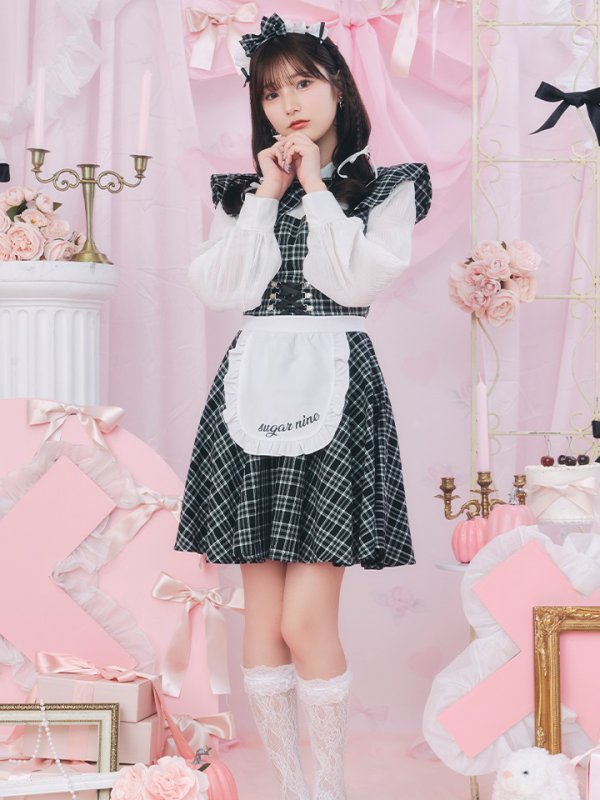 画像6: 【SALE!!】【即日発送！】【ハロウィン】ブラックチェックメイドワンピース 【コスプレ5点セット】[OF04] (6)