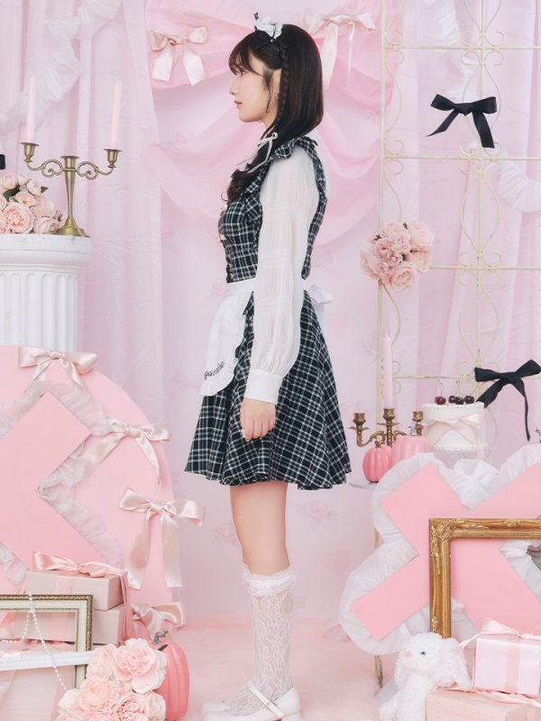 画像7: 【SALE!!】【即日発送！】【ハロウィン】ブラックチェックメイドワンピース 【コスプレ5点セット】[OF04] (7)