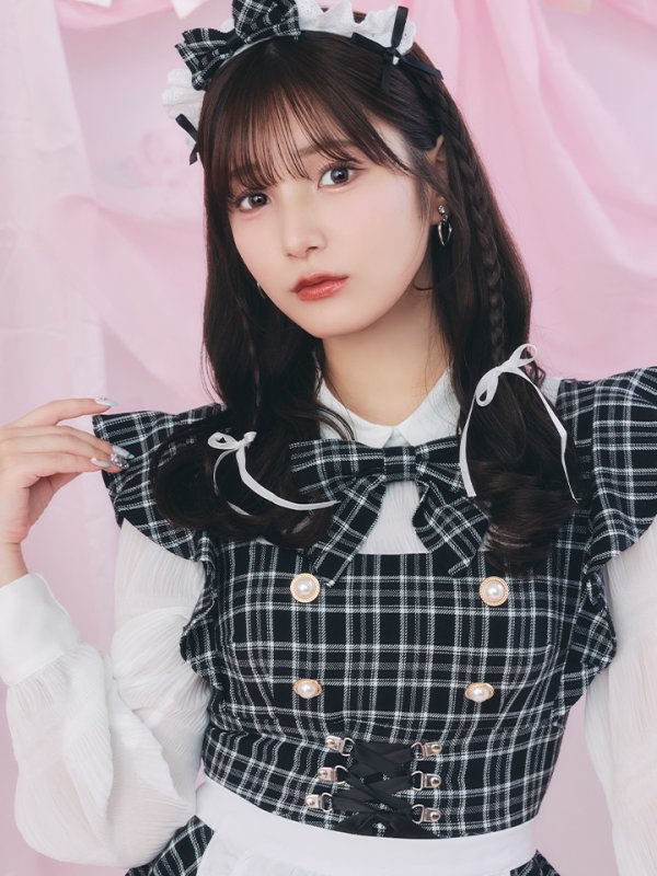 画像9: 【SALE!!】【即日発送！】【ハロウィン】ブラックチェックメイドワンピース 【コスプレ5点セット】[OF04] (9)