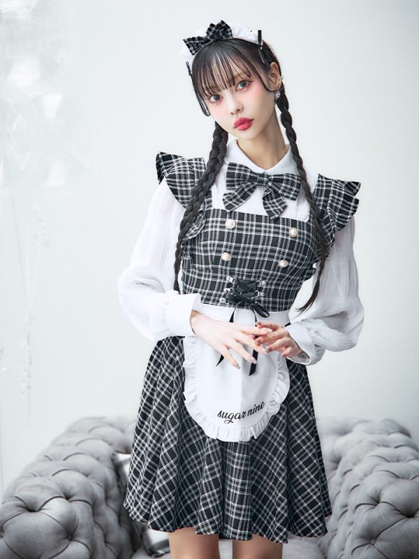 画像21: 【SALE!!】【即日発送！】【ハロウィン】ブラックチェックメイドワンピース 【コスプレ5点セット】[OF04] (21)