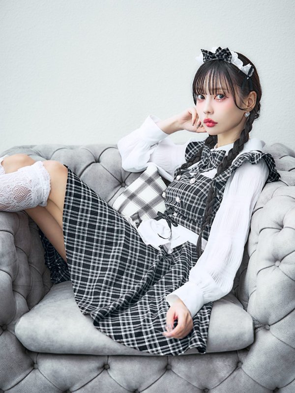 画像24: 【SALE!!】【即日発送！】【ハロウィン】ブラックチェックメイドワンピース 【コスプレ5点セット】[OF04] (24)