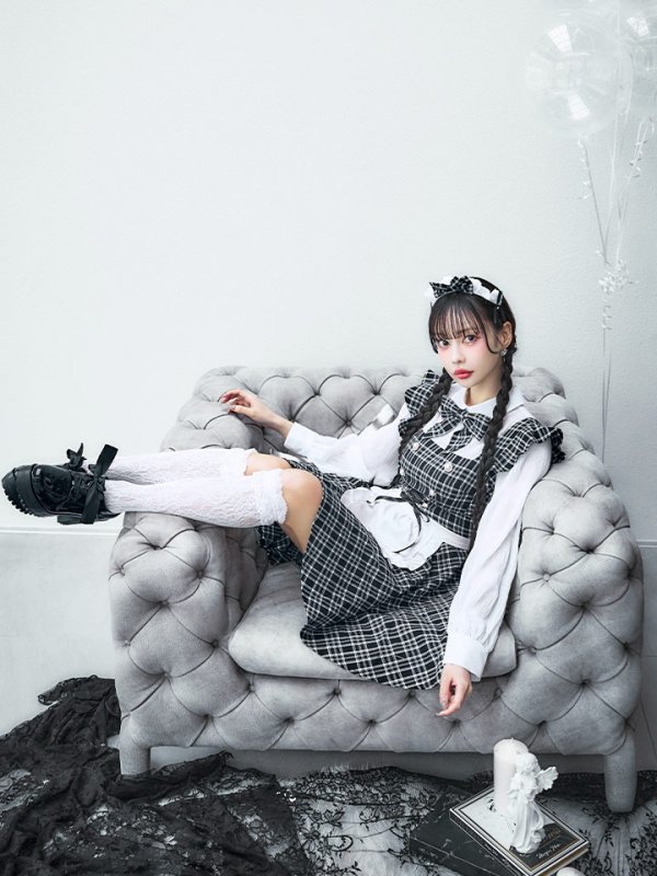 画像28: 【SALE!!】【即日発送！】【ハロウィン】ブラックチェックメイドワンピース 【コスプレ5点セット】[OF04] (28)