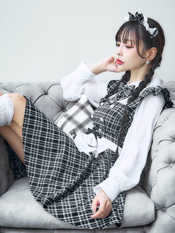 画像30: 【SALE!!】【即日発送！】【ハロウィン】ブラックチェックメイドワンピース 【コスプレ5点セット】[OF04] (30)