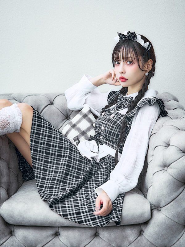 画像18: 【SALE!!】【即日発送！】【ハロウィン】ブラックチェックメイドワンピース 【コスプレ5点セット】[OF04] (18)