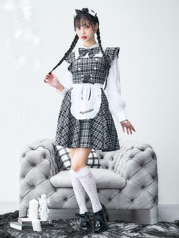 画像19: 【SALE!!】【即日発送！】【ハロウィン】ブラックチェックメイドワンピース 【コスプレ5点セット】[OF04] (19)